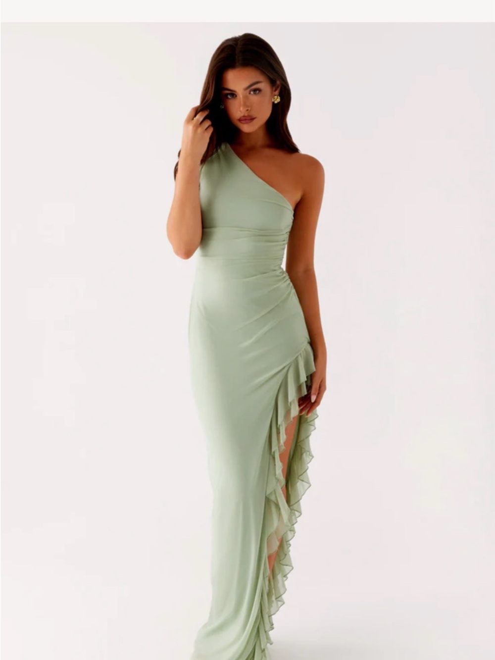 Peppermayo One-Shoulder Sage Green Ruffle-Slit Gown